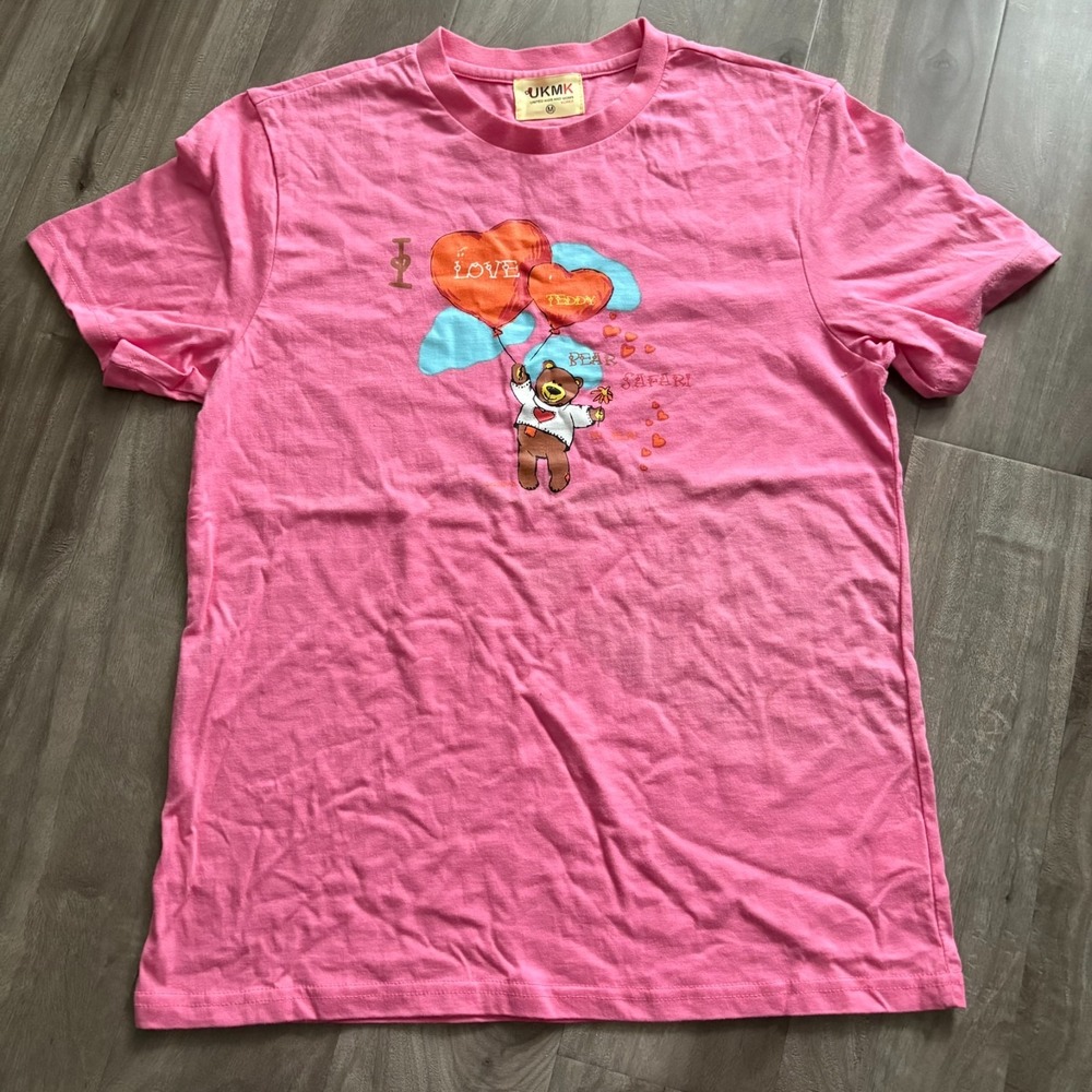 UKMK Korea Pink Graphic K-pop T-Shirt M Teddy Bear Safari Love Hearts SUPER RARE